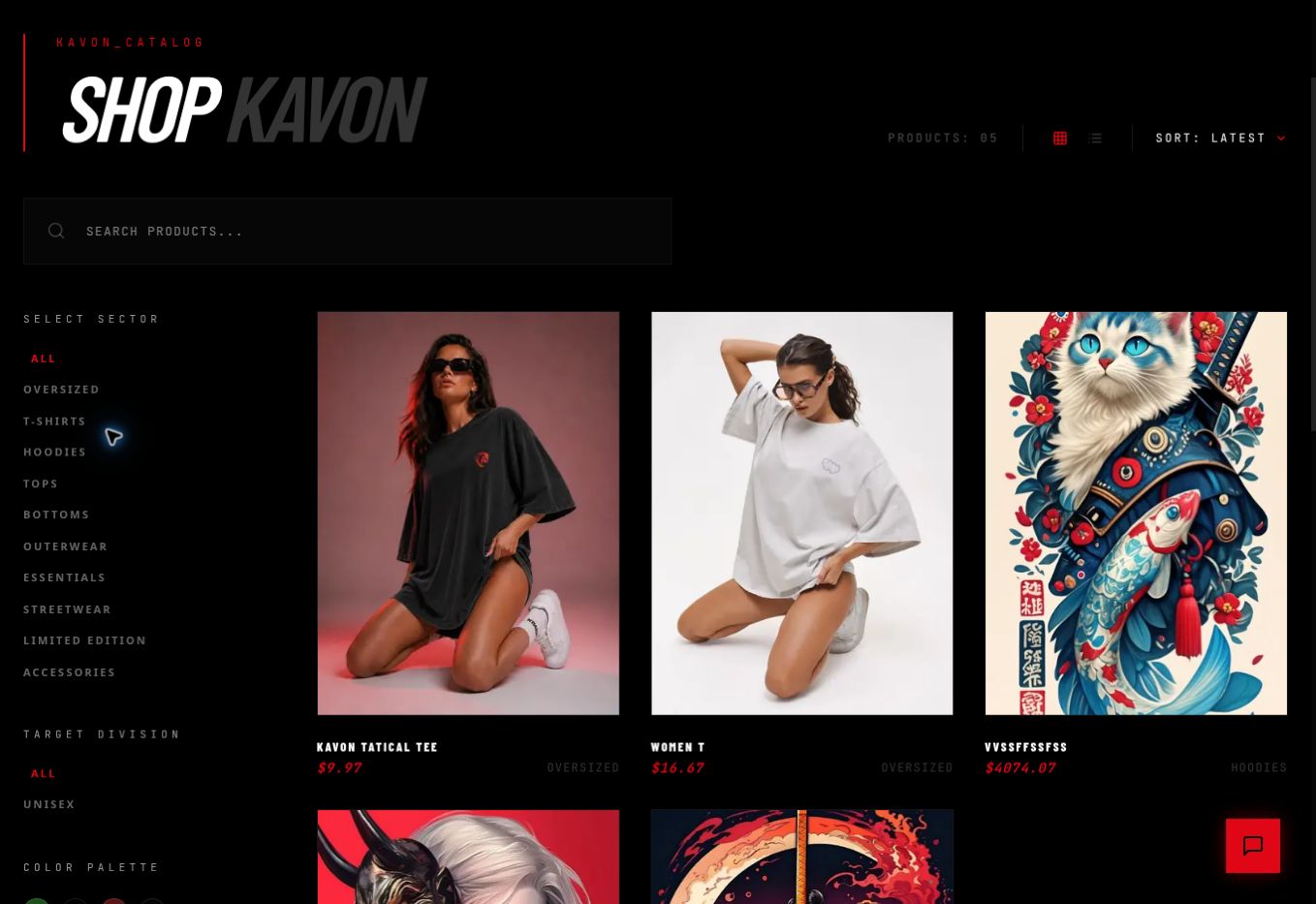 KAVON product catalog showing filter sidebar with category chips, price slider and sort dropdown, and a 3-column grid of streetwear products