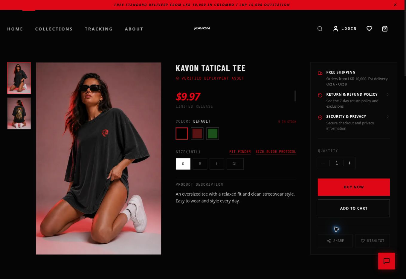 KAVON product detail page showing hoodie photograph, colour swatches, size buttons, stock indicator, delivery estimate and Add to Cart button